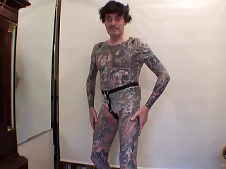Tattoo Boy LeeHarper Pinnomen Show Off With a Borrowed Fancy Tight Beltstrap used in the Male Stripshow Production - Two Rings are Attached to the Strap - Enabling a Stripper With a P/A to Suspend His Penis Almost Resembling the Look of Aboriginals in